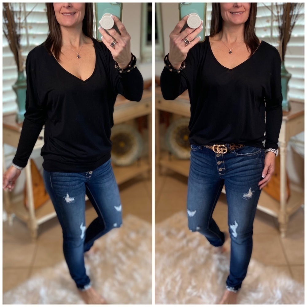 Dolman Top Womens Small Black Open V Neck Batwing Blouse Minimalist 0060